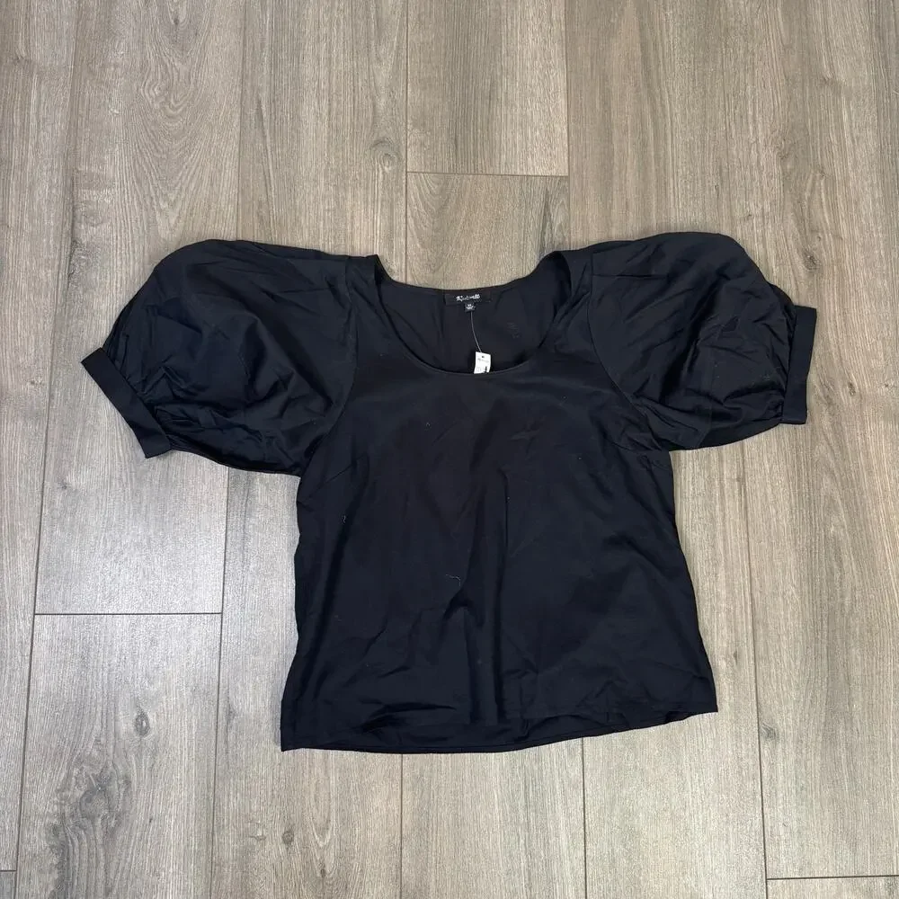 Madewell Scoop Neck Top Puff Short Sleeve Womens XS Black Relaxed Cotton Knit